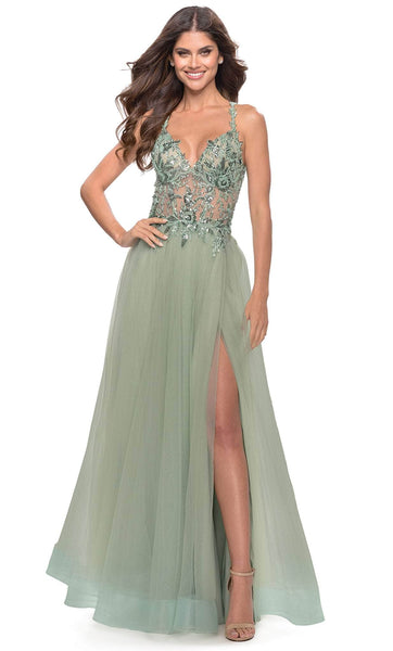 A-line V-neck Natural Waistline Beaded Back Zipper Sheer Open-Back Sequined Applique Slit Sleeveless Spaghetti Strap Prom Dress/Party Dress with a Brush/Sweep Train