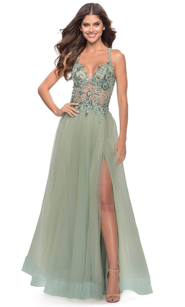 A-line V-neck Beaded Sequined Applique Open-Back Slit Sheer Back Zipper Sleeveless Spaghetti Strap Natural Waistline Prom Dress/Party Dress with a Brush/Sweep Train