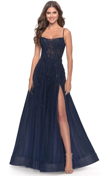 A-line Sleeveless Natural Waistline Beaded Lace-Up Sheer Applique Open-Back Slit Back Zipper Fitted Straight Neck Prom Dress