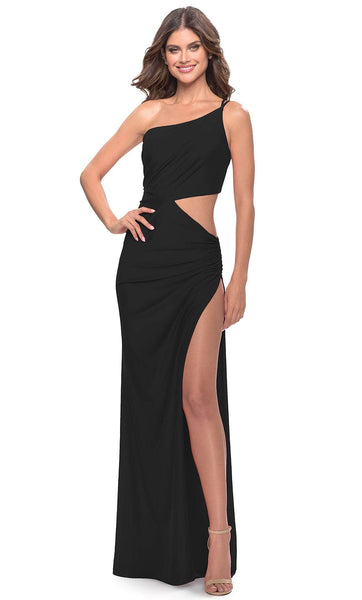 Jersey One Shoulder Natural Waistline Sheath Cutout Asymmetric Open-Back Slit Floor Length Sheath Dress/Prom Dress