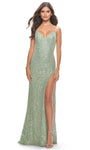 V-neck Fitted Beaded Slit Lace-Up Sheath Sleeveless Spaghetti Strap Floor Length Lace Natural Waistline Sheath Dress/Prom Dress with a Brush/Sweep Train