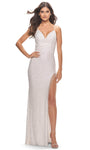 V-neck Natural Waistline Sequined Draped Slit Beaded Sheath Sleeveless Sheath Dress/Evening Dress with a Brush/Sweep Train