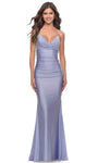 V-neck Lace-Up Ruched Fitted Sleeveless Jersey Mermaid Natural Waistline Prom Dress with a Brush/Sweep Train