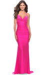 V-neck Fitted Ruched Lace-Up Jersey Sleeveless Natural Waistline Mermaid Prom Dress with a Brush/Sweep Train