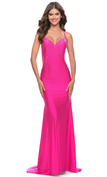 V-neck Jersey Natural Waistline Sleeveless Mermaid Open-Back Sheer Fitted Back Zipper Prom Dress with a Brush/Sweep Train With Rhinestones