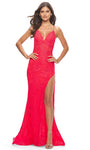 V-neck Sleeveless Spaghetti Strap Sheath Plunging Neck Illusion Back Zipper Slit Open-Back Natural Waistline Lace Sheath Dress/Evening Dress with a Brush/Sweep Train With Rhinestones