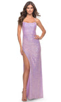 Scoop Neck Sequined Open-Back Slit Fitted Back Zipper Sheath Natural Waistline Sleeveless Spaghetti Strap Sheath Dress