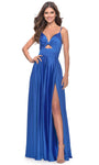 A-line V-neck Floor Length Sleeveless Satin Empire Waistline Back Zipper Fitted Open-Back Lace-Up Slit Banding Prom Dress with a Brush/Sweep Train