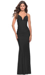 V-neck Sheath Lace-Up Sheer Ruched Spaghetti Strap Jersey Empire Waistline Sheath Dress/Prom Dress with a Brush/Sweep Train