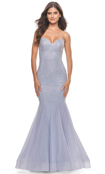 Strapless Fitted Glittering Hidden Back Zipper Crystal Beaded Open-Back Tulle Mermaid Sweetheart Natural Waistline Prom Dress with a Brush/Sweep Train With Rhinestones