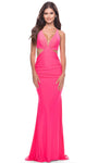 Sexy V-neck Plunging Neck Jersey Sleeveless Floor Length Natural Waistline Sheath Fitted Open-Back Cutout Sheer Sheath Dress/Evening Dress with a Brush/Sweep Train
