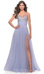 A-line Sleeveless Spaghetti Strap Empire Waistline Floor Length Tulle Sweetheart Open-Back Slit Back Zipper Prom Dress with a Brush/Sweep Train