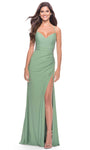 V-neck Floor Length Sleeveless Spaghetti Strap Sheath Open-Back Ruched Slit Fitted Lace-Up Natural Waistline Jersey Sheath Dress with a Brush/Sweep Train