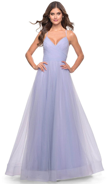 A-line V-neck Sleeveless Tulle Natural Waistline Slit Faux Wrap Ruched Pocketed Evening Dress/Prom Dress