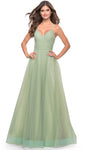 A-line V-neck Tulle Natural Waistline Faux Wrap Ruched Pocketed Slit Sleeveless Evening Dress/Prom Dress