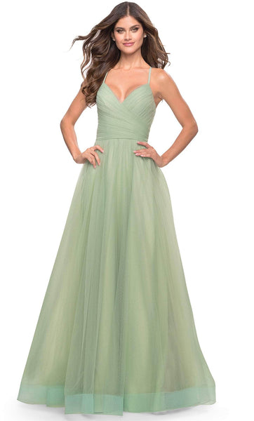 A-line V-neck Natural Waistline Sleeveless Pocketed Faux Wrap Ruched Slit Tulle Evening Dress/Prom Dress