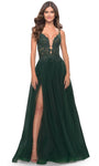 Sexy A-line V-neck Plunging Neck Spaghetti Strap Natural Waistline Tiered Slit Open-Back Illusion Applique Sheer Floral Print Prom Dress with a Brush/Sweep Train With Rhinestones