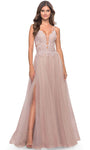 Sexy A-line V-neck Applique Sheer Illusion Tiered Open-Back Slit Floral Print Natural Waistline Spaghetti Strap Plunging Neck Prom Dress with a Brush/Sweep Train With Rhinestones