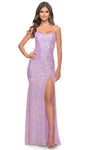 Sheath Sequined Open-Back Slit Ruched Sleeveless Spaghetti Strap Sheath Dress with a Brush/Sweep Train by La Femme