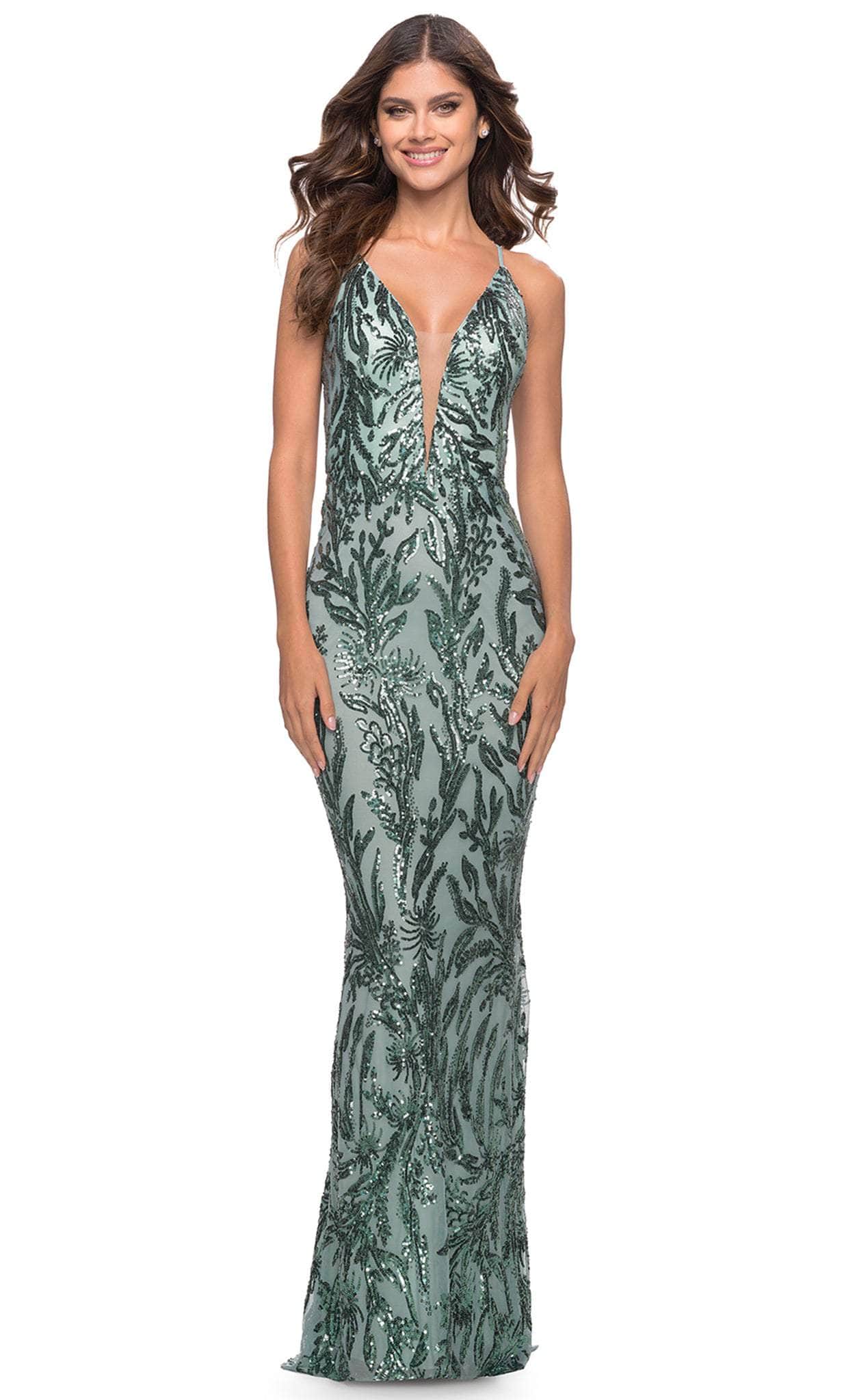La Femme 31522 - Leaf Motif Sequined Sheath Gown

