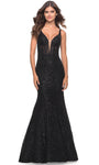 Sexy V-neck Sheer Fitted Open-Back Beaded Mermaid Plunging Neck Sleeveless Floor Length Lace Natural Waistline Evening Dress with a Brush/Sweep Train