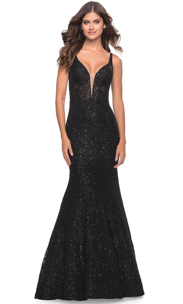 Sexy V-neck Mermaid Sleeveless Natural Waistline Floor Length Sheer Open-Back Beaded Fitted Lace Plunging Neck Evening Dress with a Brush/Sweep Train