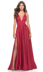 A-line V-neck Lace-Up Slit Sleeveless Natural Waistline Prom Dress with a Brush/Sweep Train