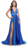 A-line V-neck Lace-Up Slit Sleeveless Natural Waistline Prom Dress with a Brush/Sweep Train