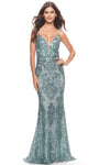 V-neck General Print Natural Waistline Sheath Sleeveless Spaghetti Strap Sheer Jeweled Open-Back Back Zipper Sequined Plunging Neck Sheath Dress/Evening Dress with a Brush/Sweep Train