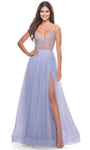 A-line Tulle Floor Length Slit Back Zipper Flowy Sweetheart Natural Waistline Sleeveless Spaghetti Strap Prom Dress With Rhinestones