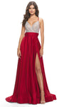 A-line V-neck Sleeveless Satin Plunging Neck Natural Waistline Slit Open-Back Fitted Beaded Hidden Back Zipper Ruched Prom Dress with a Brush/Sweep Train With Rhinestones