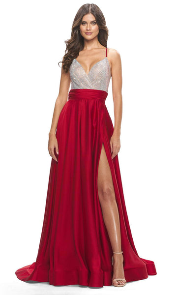 A-line V-neck Plunging Neck Natural Waistline Open-Back Ruched Slit Fitted Beaded Hidden Back Zipper Satin Sleeveless Prom Dress with a Brush/Sweep Train With Rhinestones