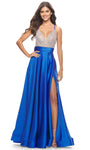 A-line V-neck Beaded Hidden Back Zipper Open-Back Slit Ruched Fitted Satin Sleeveless Plunging Neck Natural Waistline Prom Dress with a Brush/Sweep Train With Rhinestones