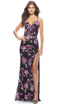 Sophisticated V-neck Sleeveless Spaghetti Strap Floor Length Sheath Lace-Up Open-Back Applique Slit Fitted Sequined Natural Waistline Floral Print Sheath Dress