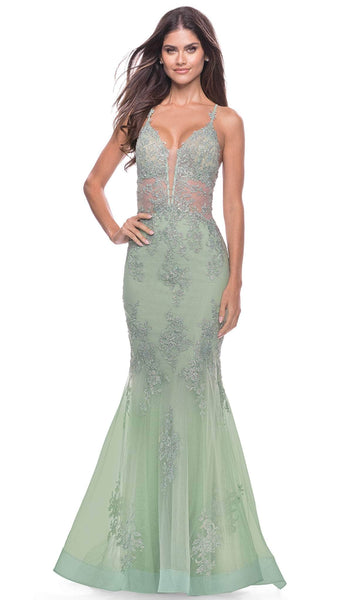 V-neck Floor Length Mermaid Sheer Embroidered Fitted Open-Back Plunging Neck Natural Waistline Sleeveless Spaghetti Strap Evening Dress with a Brush/Sweep Train