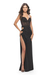 V-neck Sheath Cutout Fitted Sheer Slit Hidden Back Zipper Beaded Lace-Up Bandeau Neck Jersey Sleeveless Spaghetti Strap Corset Natural Waistline Sheath Dress/Evening Dress With Rhinestones