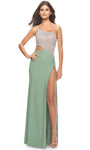 Sexy Two-Toned Print Lace-Up Jeweled Cutout Slit Asymmetric Beaded Jersey Sheath Bandeau Neck Natural Waistline Spaghetti Strap Sheath Dress/Prom Dress with a Brush/Sweep Train With Rhinestones