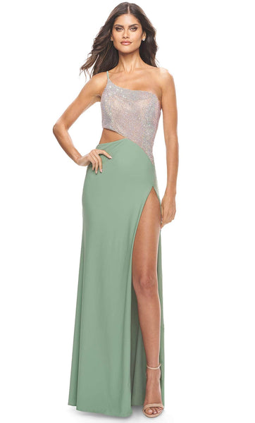 Sexy Jersey Spaghetti Strap Sheath Bandeau Neck Jeweled Asymmetric Beaded Slit Lace-Up Cutout Two-Toned Print Natural Waistline Sheath Dress/Prom Dress with a Brush/Sweep Train With Rhinestones