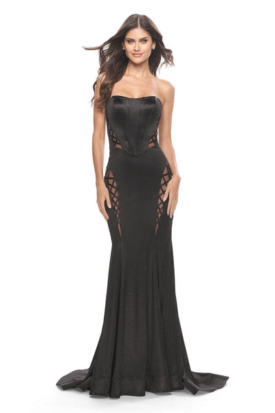 Strapless Sweetheart Jersey Corset Natural Waistline Mesh Open-Back Hidden Back Zipper Illusion Lace-Up Fitted Cutout Fit-and-Flare Mermaid Evening Dress with a Brush/Sweep Train