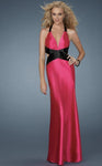 V-neck Sheath Halter Plunging Neck Satin Sleeveless Empire Waistline Cutout Open-Back Pleated Sheath Dress by La Femme