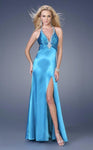 Satin Empire Waistline Sheath Sleeveless Halter Slit Back Zipper Cutout Jeweled Ruched Sheath Dress/Evening Dress