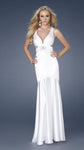 V-neck Natural Waistline Glittering Open-Back Belted Ruched Satin Mermaid Sleeveless Floor Length Evening Dress/Prom Dress