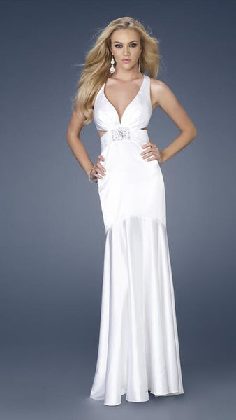 V-neck Natural Waistline Floor Length Sleeveless Satin Belted Glittering Open-Back Ruched Mermaid Evening Dress/Prom Dress