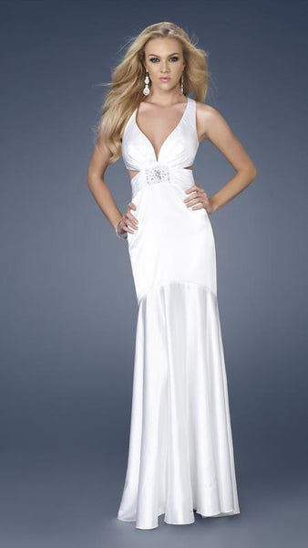 V-neck Floor Length Natural Waistline Sleeveless Mermaid Satin Open-Back Glittering Belted Ruched Evening Dress/Prom Dress