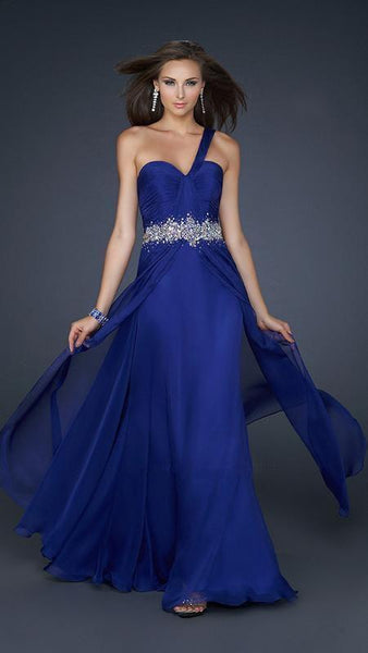 A-line One Shoulder Sleeveless Sweetheart Floor Length Open-Back Gathered Ruched Jeweled Natural Waistline Chiffon Prom Dress/Party Dress