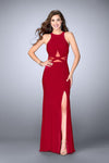 Wrap Back Zipper Cutout Sheer Jeweled Slit Open-Back Sheath Floor Length Jersey Jeweled Neck Sheath Dress/Evening Dress with a Brush/Sweep Train