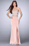 Strapless Sweetheart Beaded Cutout Slit Belted Back Zipper Natural Waistline Jersey Evening Dress With Rhinestones and Pearls