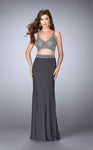 A-line Jersey Scoop Neck Natural Waistline Sleeveless Cutout Shirred Back Zipper Open-Back Beaded Evening Dress