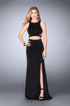 Jeweled Neck Natural Waistline Jersey Sleeveless Slit Beaded Back Zipper Dress