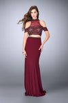 Collared Sheath Jersey Cold Shoulder Sleeves Off the Shoulder Floor Length Illusion Belted Sheer Beaded Jeweled Back Zipper Sheath Dress/Evening Dress with a Brush/Sweep Train With Ruffles